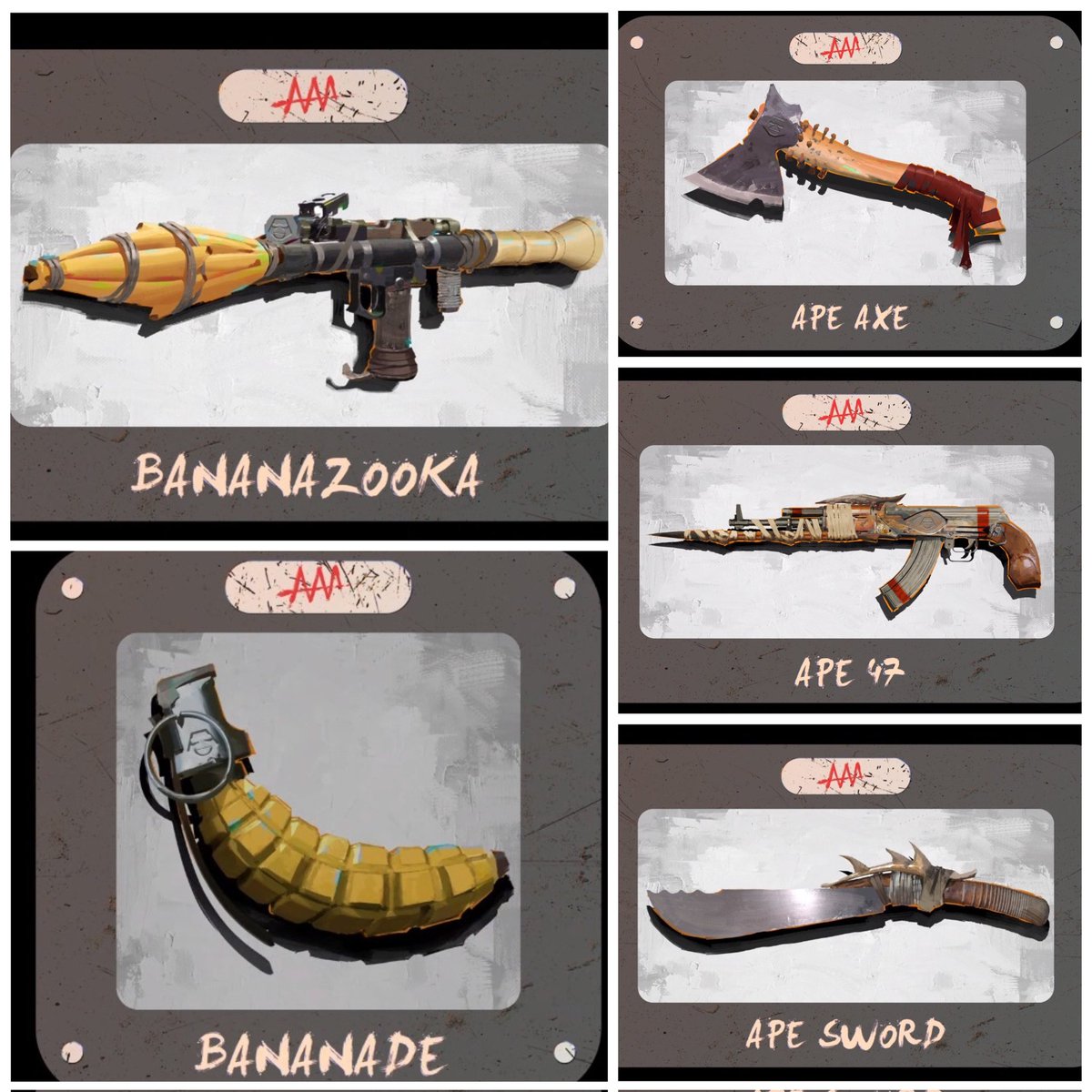 LucasCotton44's tweet photo. Wow!!! Check out some of the weapons AAApes will get randomly airdropped! @angryapearmy just keeps getting better and better! 

Shoutout to @Jparkedart , @emanshiu , @hyprlynk2 @AlecPaints for continuing to deliver! 🦍👌

#bananazooka #apeaxe #bananade #ape47 #apesword https://t.co/ONmR16mOIe