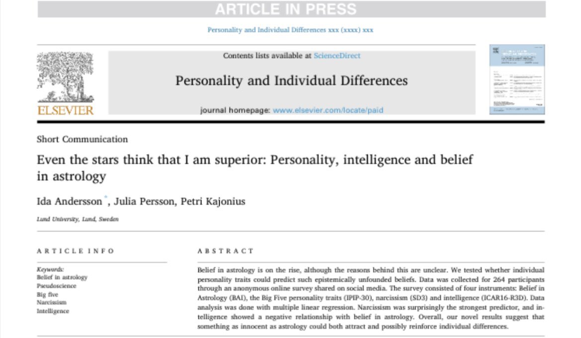 jonathanstea's tweet photo. New study links belief in astrology with lower intelligence and higher narcissism.

https://t.co/ksx2mGuHYz https://t.co/C7uErdIAj4