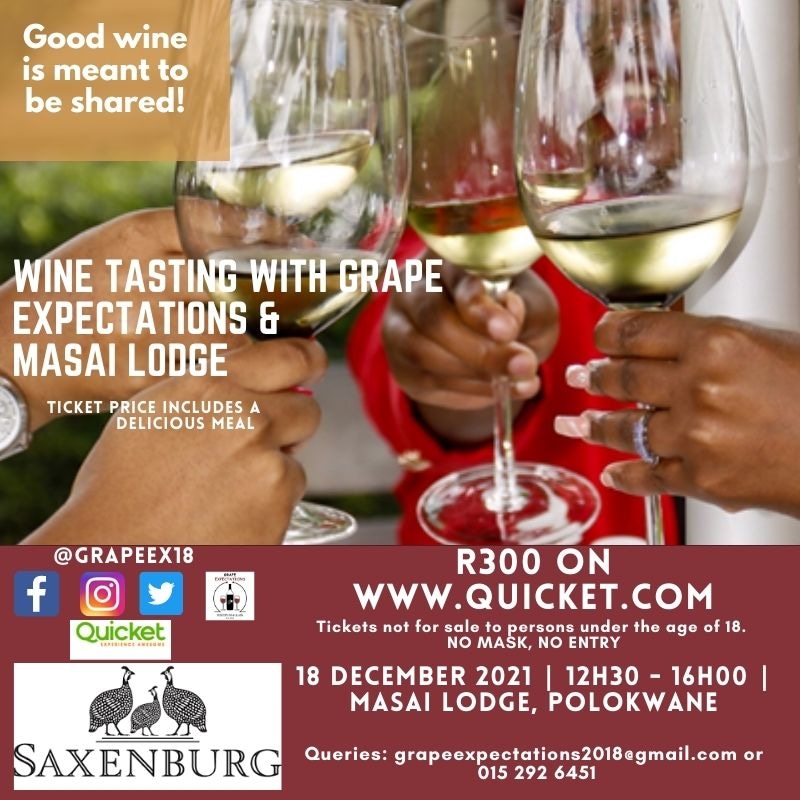 grapeex18's tweet photo. Hey wine lovers, TICKETS ARE  OFFICIALLY ON SALE😀Let's wine about it in Polokwane . 🥂We are partnering with @Saxenburgwine to deliver a memorable wine experience👌Tickets are for sale on @quicket for R300. Ticket price INCLUDES a delicious meal.🥩🍗🥦 Hope to see you there! https://t.co/jrcffdPEAC