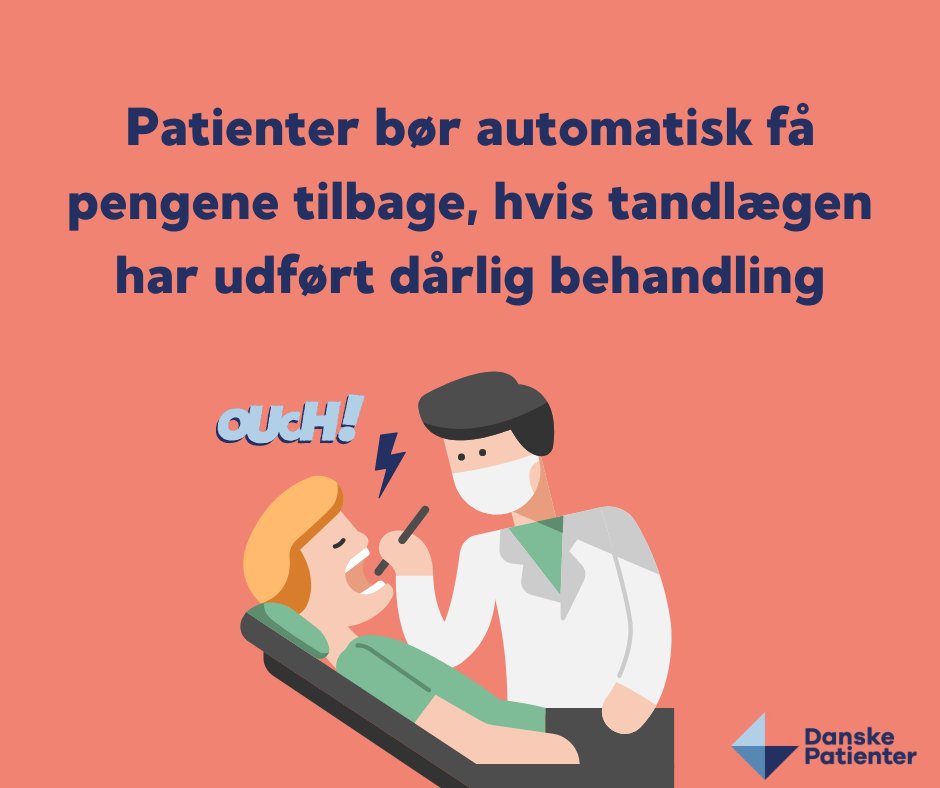 Når tandlægens arbejde får kritik, bør patienten automatisk få sine penge tilbage. Sådan var det tidligere - men praksis har ændret sig uden videre forklaring. Vi opfordrer sammen med <a href="/fbrtaenk/">Forbrugerrådet Tænk</a> og <a href="/handicapdk/">Danske Handicaporganisationer</a> til, at man går tilbage til tidligere praksis. danskepatienter.dk/politik-presse…