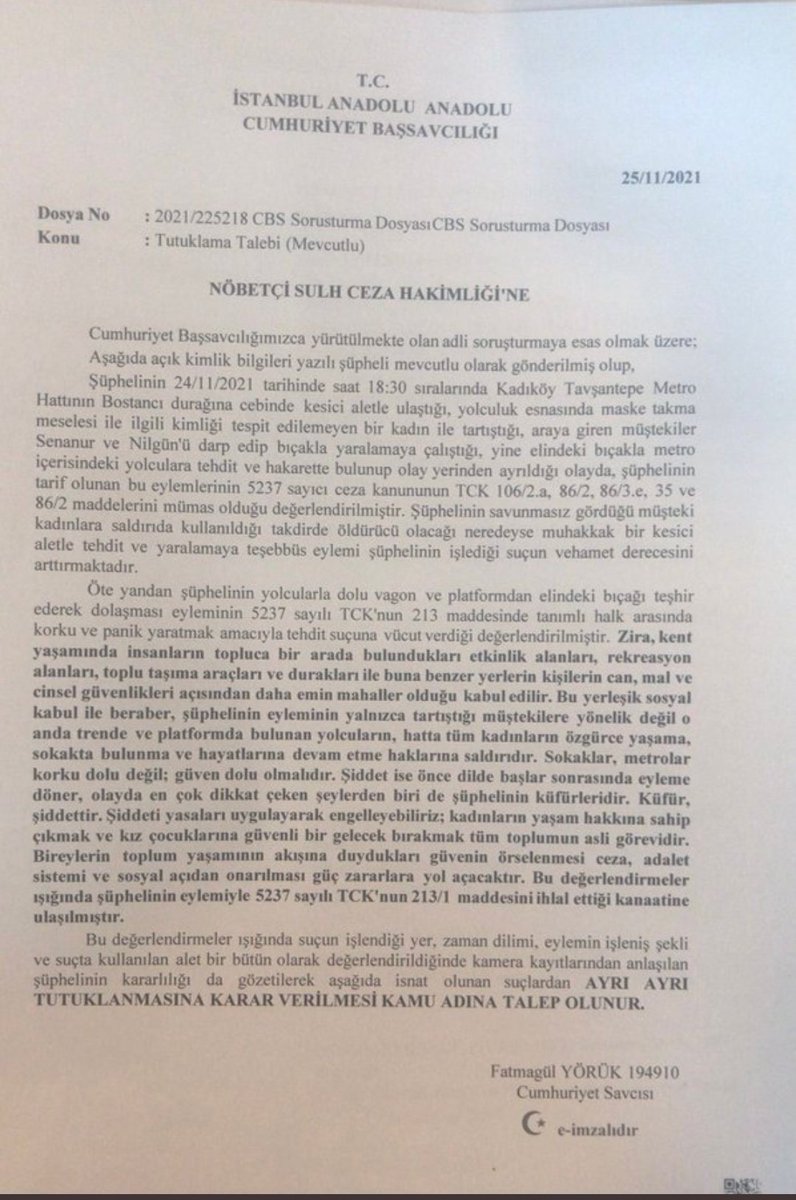 Cumhuriyet Savcısı Fatmagül Yörük'ün Sevk yazısını ülkenin her noktasına asın.!
"Sokaklar, metrolar, korku dolu değil; güven dolu olmalıdır. Şiddet ise önce dilde başlar sonrasında eyleme döner. Olayda en çok dikkat çeken şeylerden biri de şüphelinin küfürleridir." #FatmagülYörük