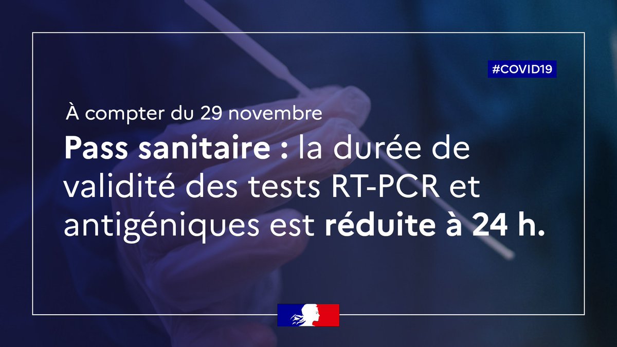 PassSanitaire's tweet photo. À partir du 29 novembre le #testPCR et #antigenique sera valable 24h pour valider le #PassSanitaire. https://t.co/mgoML7gcua