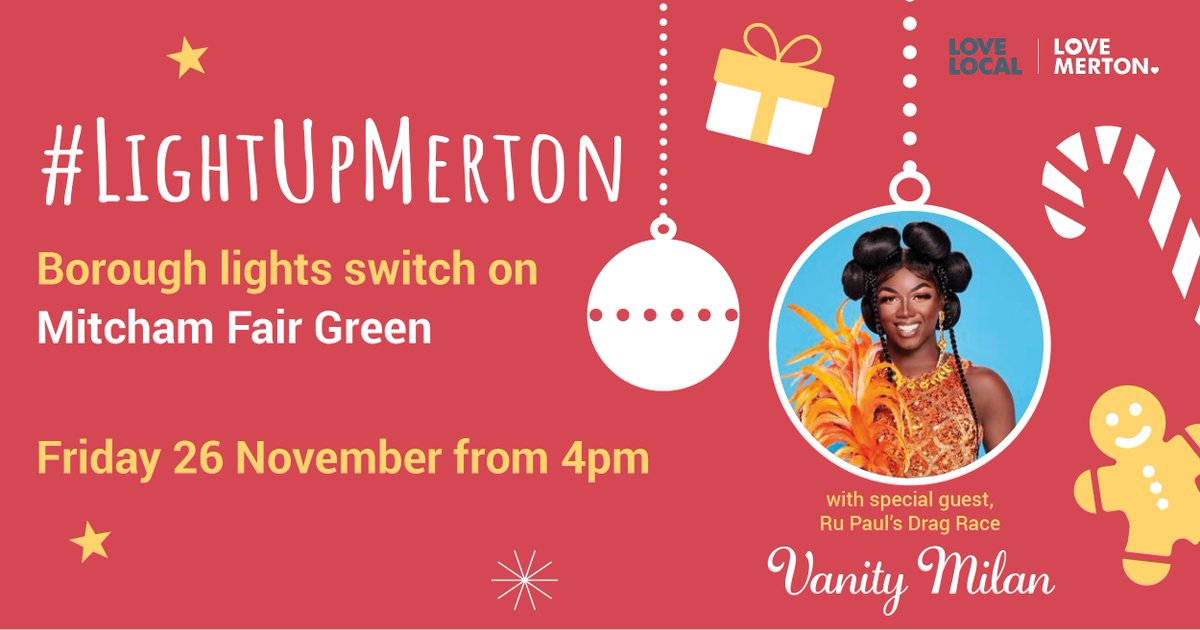 Merton_Council's tweet photo. 🌟Join us tomorrow for festive cheer as we switch on our Christmas lights with #Mitcham's very own @ItsVanityMilanMilan, star of @dragraceukbbc 🌟
📍#MitchamFairGreen from 4pm
😷Please remember: #HandsFaceSpace
ℹ️👉https://t.co/aDHemIckXF
#LoveLocalLoveMerton💜 #LightUpMerton https://t.co/NaIDUoWlX9