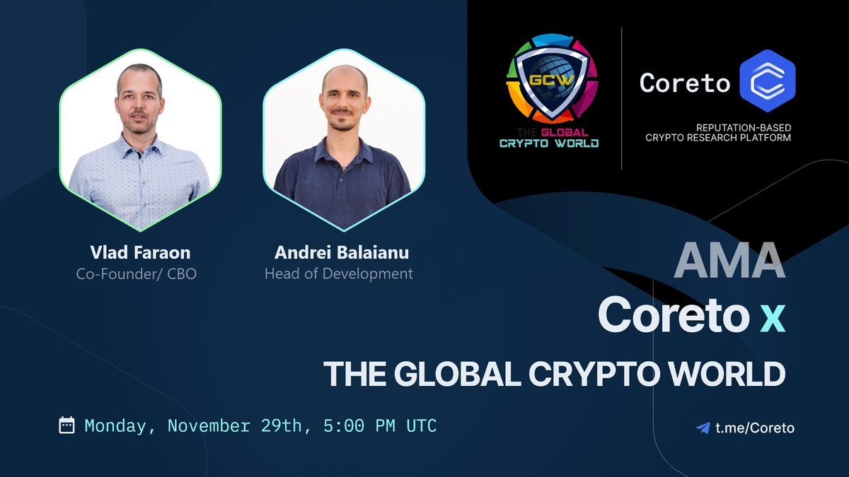 📢 We're Pleased to announce our next #AMA with <a href="/Coretoio/">Coreto.io</a> on 29th Nov, 5 pm UTC.

💰 Reward Pool: 100$
Venue: t.me/GlobalCryptoWo…

♦️ Rules:
✅ Follow @GlobalCryptoWo1 &amp; <a href="/Coretoio/">Coreto.io</a>
✅ Like &amp; Retweet
✅ Comment Questions &amp; Tag 3 Friends with your BEP20 address.