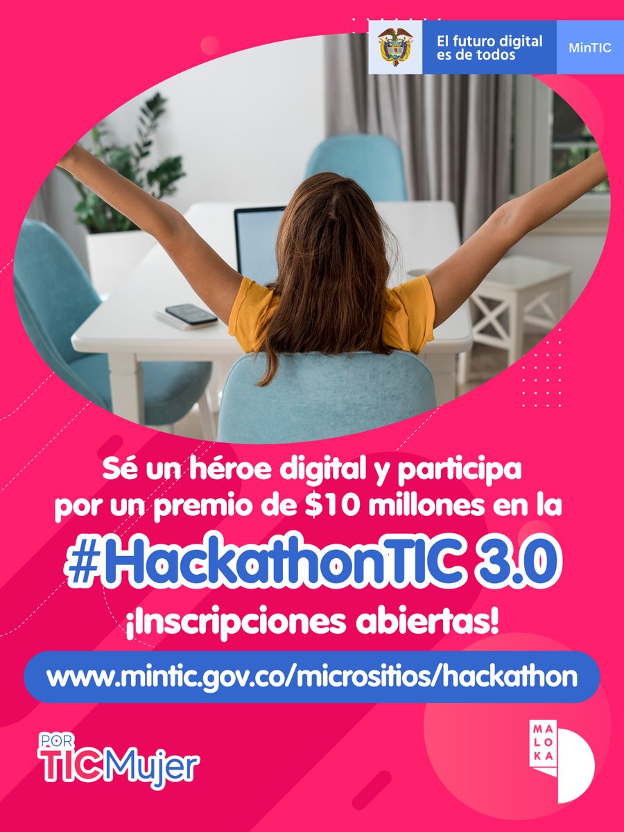 Ministerio_TIC's tweet photo. ¡La convocatoria de la #HackathonTIC 3.0 ya está abierta! Este 26, 27 y 28 de noviembre participa desarrollando un proyecto que aporte a la prevención de la violencia de género en Internet. Conoce todos los detalles, podrás ganarte $10 millones: https://t.co/UbvL7MXXnI https://t.co/MDyIyC9YLy