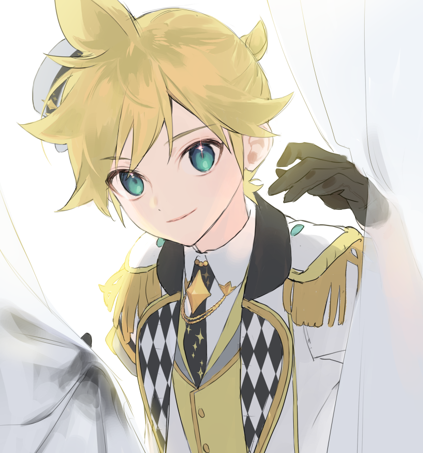 kagamine len 1boy blonde hair male focus curtains gloves epaulettes curtain grab  illustration images