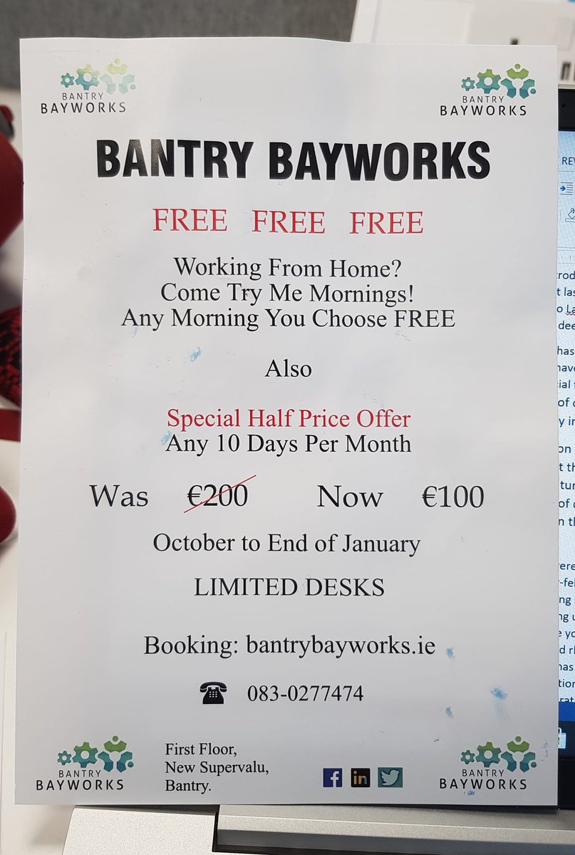 bantrybayworks's tweet photo. Come Try Me Mornings!
Special 10-Day Offer!
https://t.co/kzWOYjfoa0
Phone 083 – 027 7474
Bantry Bayworks offering Hot Desks in Bantry!
@bantrybusiness @LudgateIreland @brookparkentctr @Ilovebantry @GrowRemoteIrl @SocialimpactIRE @BantryTidyTowns #RethinkRemote #SocEnt https://t.co/24osD1k3mz