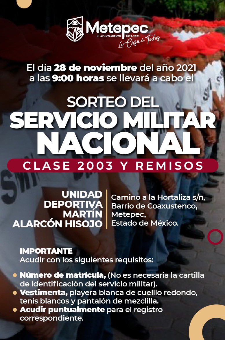 MetepecSecAyto's tweet photo. ¡No lo olvides! Este domingo 28 de noviembre será el sorteo del servicio militar nacional clase 2003 y remisos. ¡No faltes! #SMN #cubrebocas @SEDENAmx @MetepecGobierno https://t.co/oZjJ5imgPy