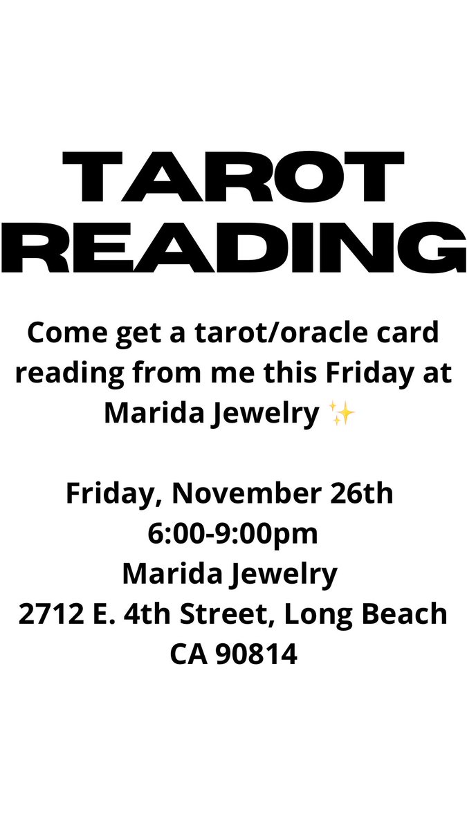reinalaflame's tweet photo. Hiii Everyone 👋🏾✨ 
Tomorrow Friday November 26th I will be offering donation based Tarot/Oracle Card readings from 6-9pm inside Marida Jewelry on 4th Street 🥰 pull up on meeeeee 🤗 https://t.co/OXWax027XF