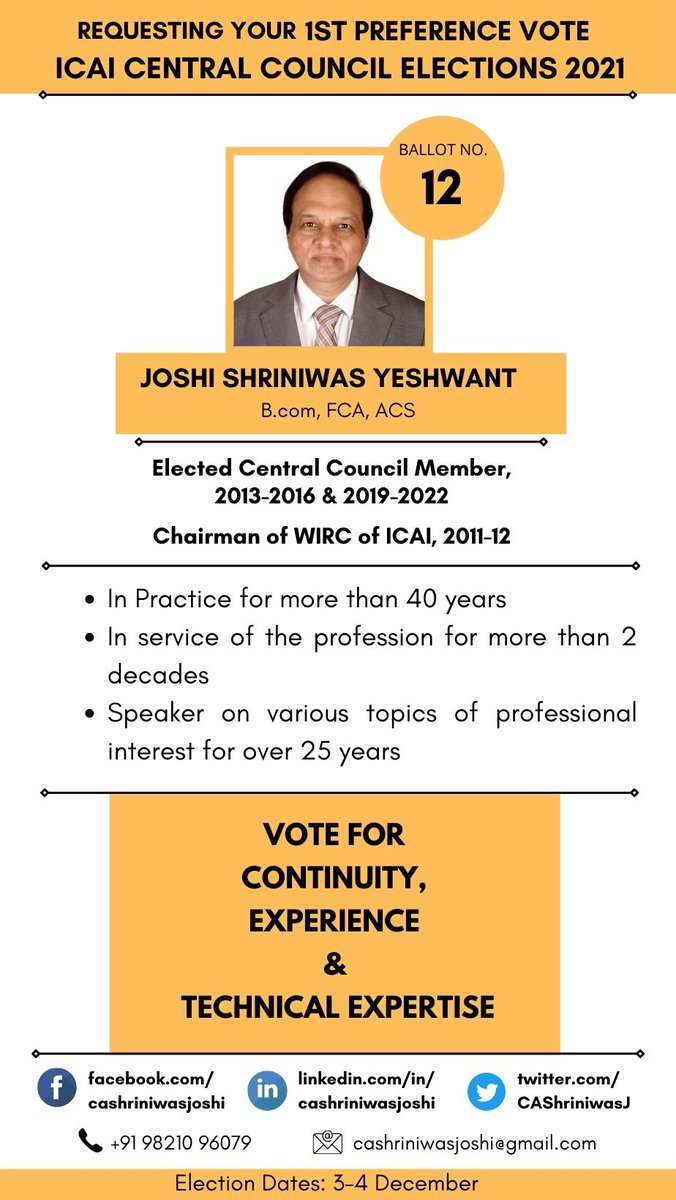 CAShriniwasJ's tweet photo. ICAI Central Council Elections will take place on 3rd and 4th December 2021. I am glad to have your support in this election. Hope to see you all at the voting booths!
#ICAIElections2021 https://t.co/ic1paooxUF
