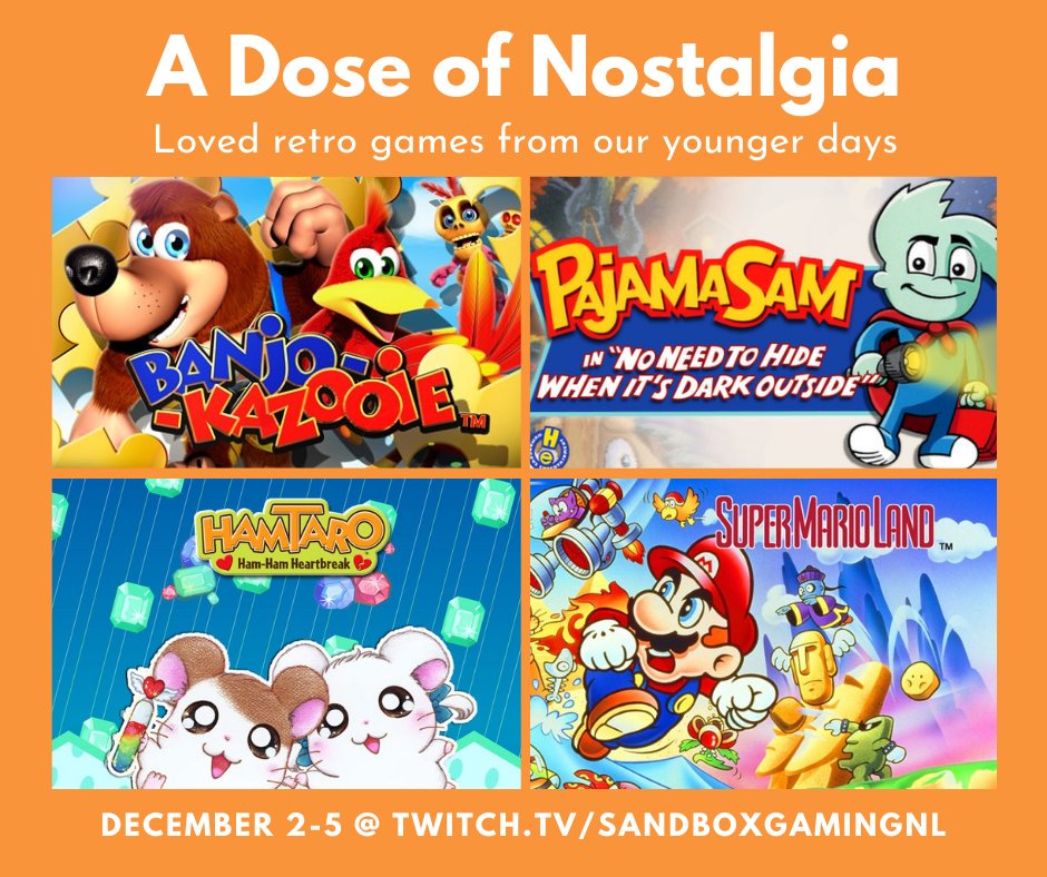 SandboxGamingNL's tweet image. For this next set, we&apos;re sharing some of the games we loved playing when we were younger. What were your favourite games as a young kid/teen?

Banjo Kazooie
Hamtaro: Ham-Ham Heartbreak
Pajama Sam: No Need To Hide When It&apos;s Dark Outside
Super Mario Land

#SBG4Kids #charitynl