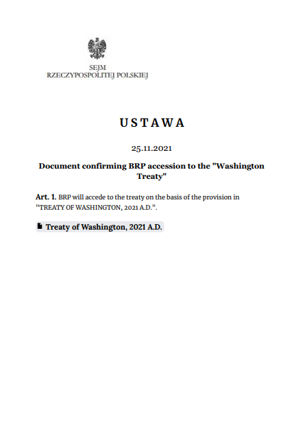 Parliament today approved BRP accession to the "Washington Treaty". Now it's time for the president's signature.