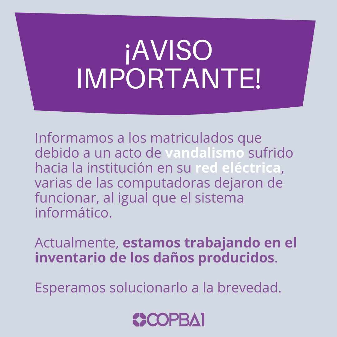 ⚠Informamos a los matriculados que debido a un acto de vandalismo sufrido hacia la institución en su red eléctrica, varias de las computadoras dejaron de funcionar, al igual que el sistema informático. 
.
👉Actualmente estamos trabajando en el inventario de los daños producidos.