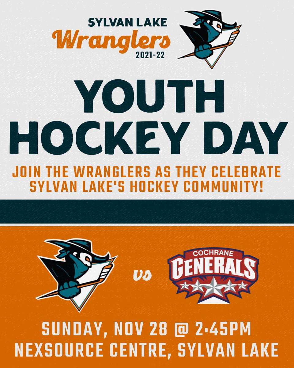 WranglersHockey's tweet photo. THIS SUNDAY!! Cheer on The Wranglers as they give back to the local youth hockey community where the Crosby’s and McDavid’s and future Wranglers are born.⁣
⁣
Sylvan Lake Minor Hockey &amp; Rec Players get free admission when they wear their jersey and bring a food bank donation! https://t.co/sBVOIaDMYE