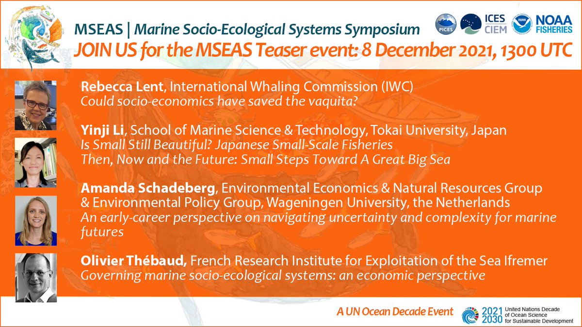 PICES_MarineSci's tweet photo. Don't miss the #MSEAS2021 #UNDOS Teaser Event on 8 December! See our great line-up of speakers:
🐋Rebecca Lent, International Whaling Commission
🚣Yinji Li, Tokai University @Tokai_Univ_
🐟Amanda Schadeberg @WURmarine
🌊Olivier Thébaud, @Ifremer_fr https://t.co/swuFIjzDCC https://t.co/oYxCSJ20Df