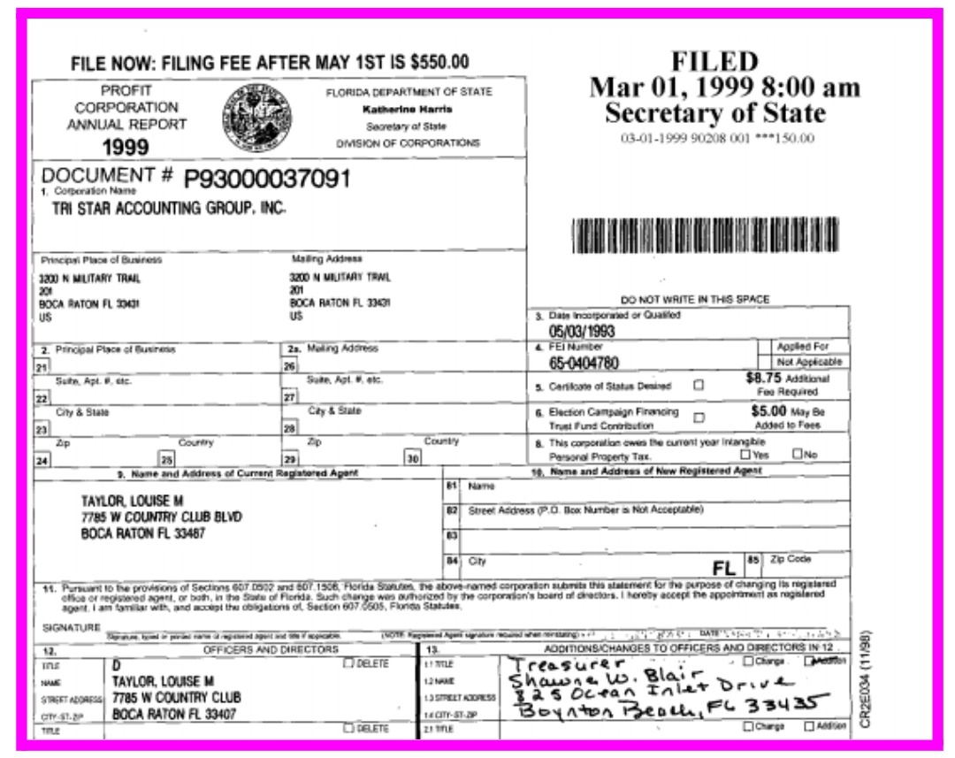 SwatTeamForBjs's tweet photo. Blair was added as Treasurer to Tri Star Accounting Group, Inc. in 1999.

#FreeBritney #InvestigateLouTaylor #EndConservatorshipAbuse #BritneySWATTeam https://t.co/DXKGpCa6Cn