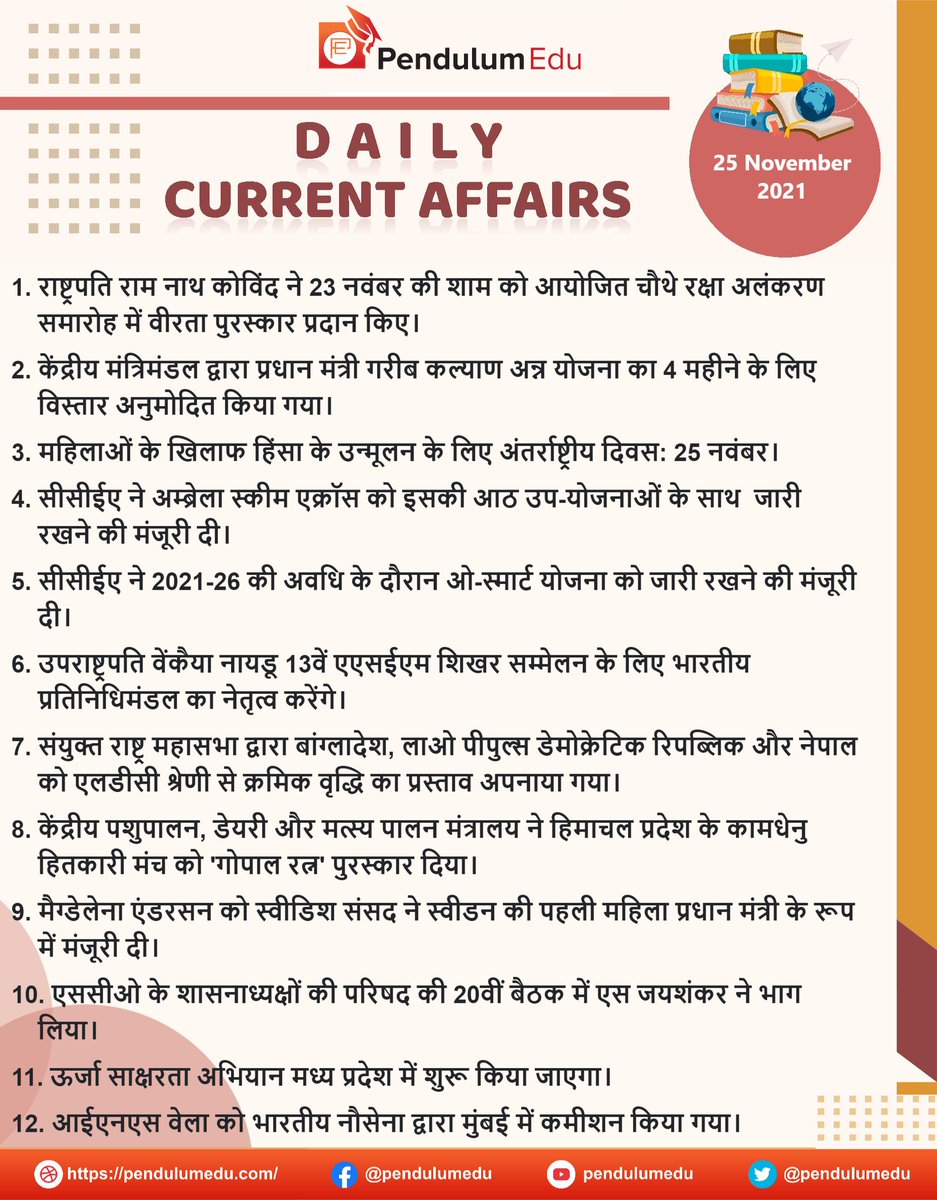 pendulumedu's tweet photo. Current Affairs of 25 November 2021 in Hindi - https://t.co/vrnuRNsbp4
#currentaffairs #news #latestnews #breakingnews #pendulumedu #presidentramnathkovind #pradhanmantrigaribkalyanannyojana #internationaldayfortheeliminationofviolenceagainstwomen #ccea #osmart #venkaiahnaidu https://t.co/QVnB5jKE1f