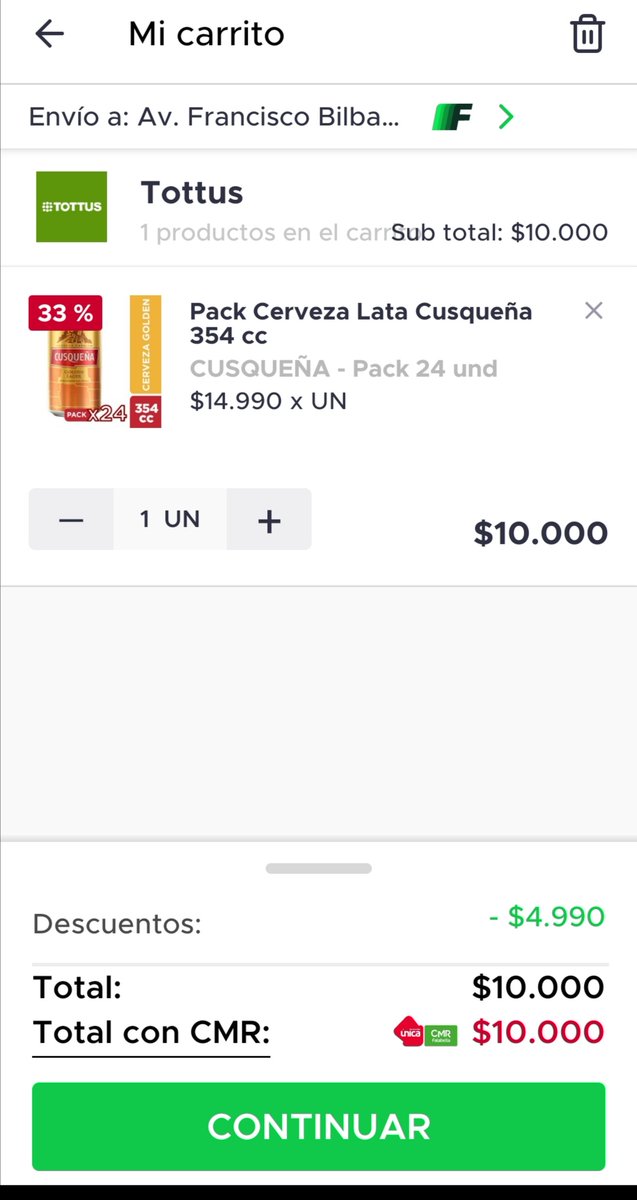 CARLOSUNICO's tweet photo. @ChileFazil Corrijan la redacción de la promoción de las cervezas !!dice solo a $4.990 el pack de 24 , pero al comprar por la app le descuentan $4.990 https://t.co/Gda335Qi31