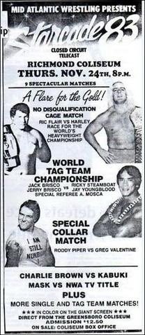 Vintagemarkspod's tweet photo. Go check out the Thanksgiving Day Special, and our latest episode. Starrcade 83 which took place 38 years ago yesterday! A Flair for The Gold! Harley Race and Ric Flair inside a cage for the World Title! 
Valentine and Piper in a dog collar. Also the guys talk WWF. https://t.co/L8jyNtSSAb