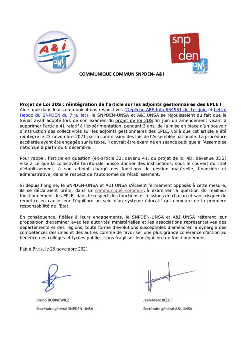SnpdenS's tweet photo. Projet de Loi 3DS: réintégration de l’article sur les adjoints gestionnaires des EPLE! https://t.co/oTaALgzaQL