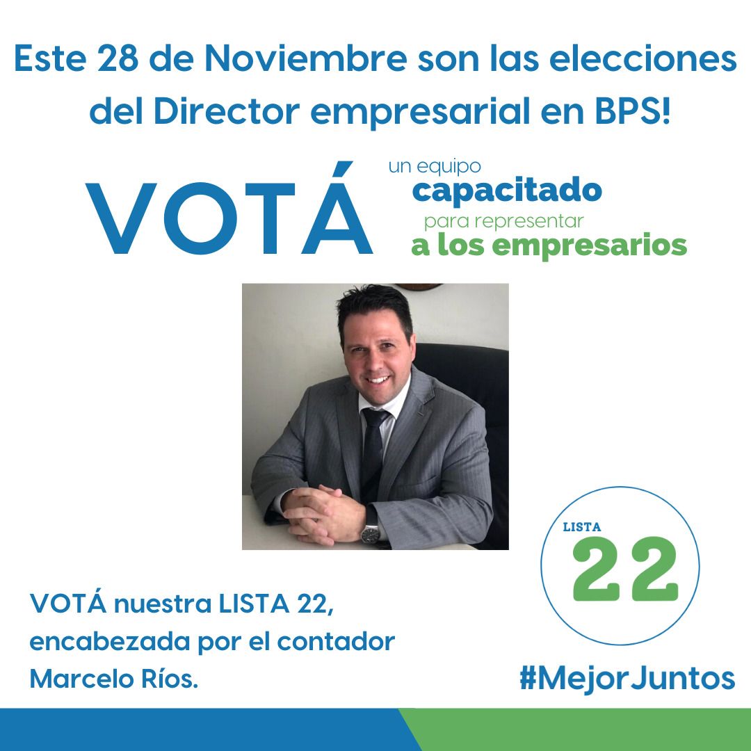 En el marco de las elecciones de BPS a realizarse el próximo 28/11, desde la <a href="/CCU_Oficial/">Cámara de la Construcción del Uruguay</a> apoyamos a la Lista 22 @eleccionesbps22 encabezada por el Cr. Marcelo Ríos, candidato a Director Empresarial de BPS.