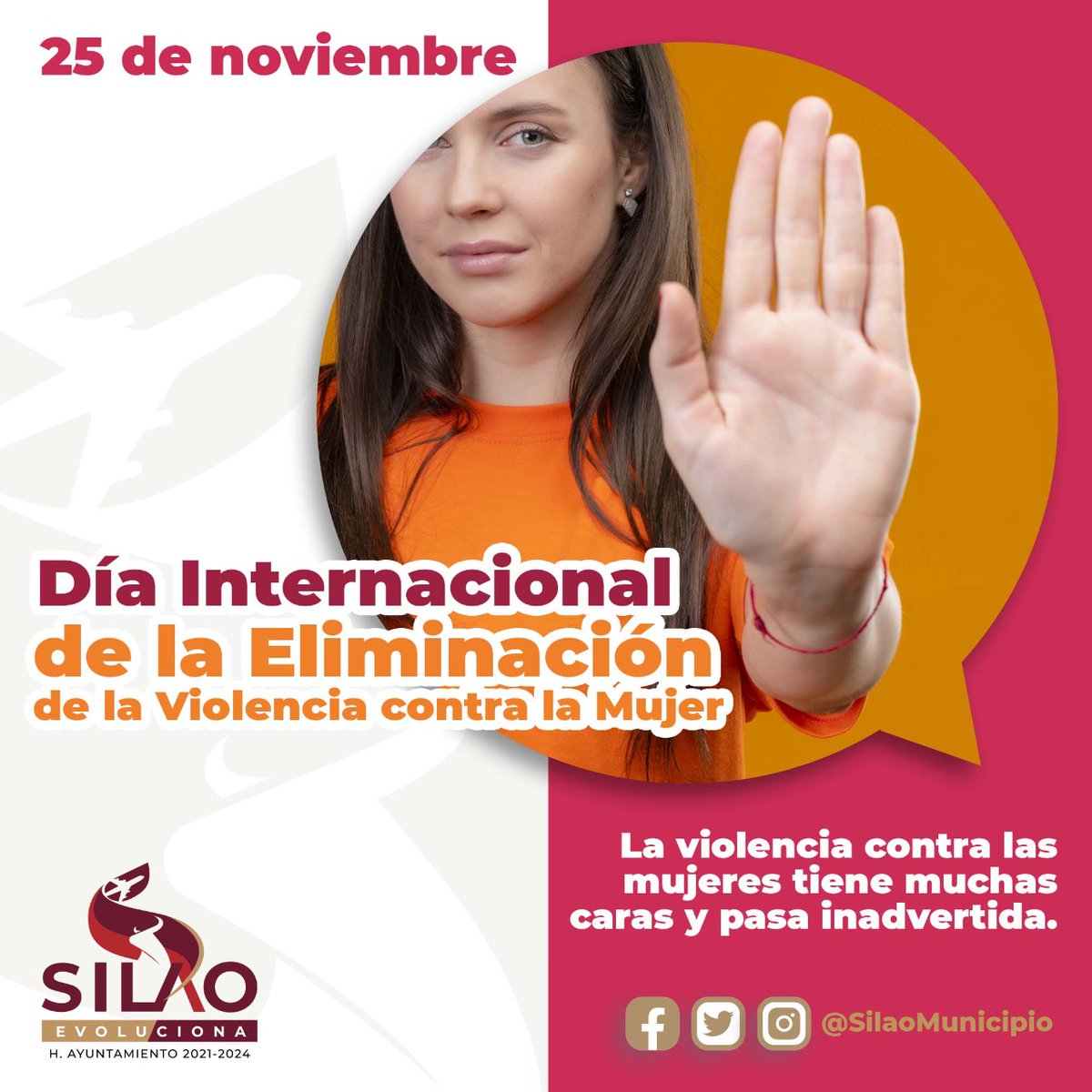 SilaoSP's tweet photo. ✋ Este día es para concientizar y denunciar actos de violencia contra las mujeres 👷‍♀️👩‍⚕️👩‍🎓👸👩‍🎤.

👉 Ante actos o casos de violencia contra la mujer, haz tu #DENUNCIA o solicita apoyo a través del 0️⃣7️⃣5️⃣.

#SilaoEvoluciona
#SilaoEvolucionaPorTi https://t.co/Z2InxialAB