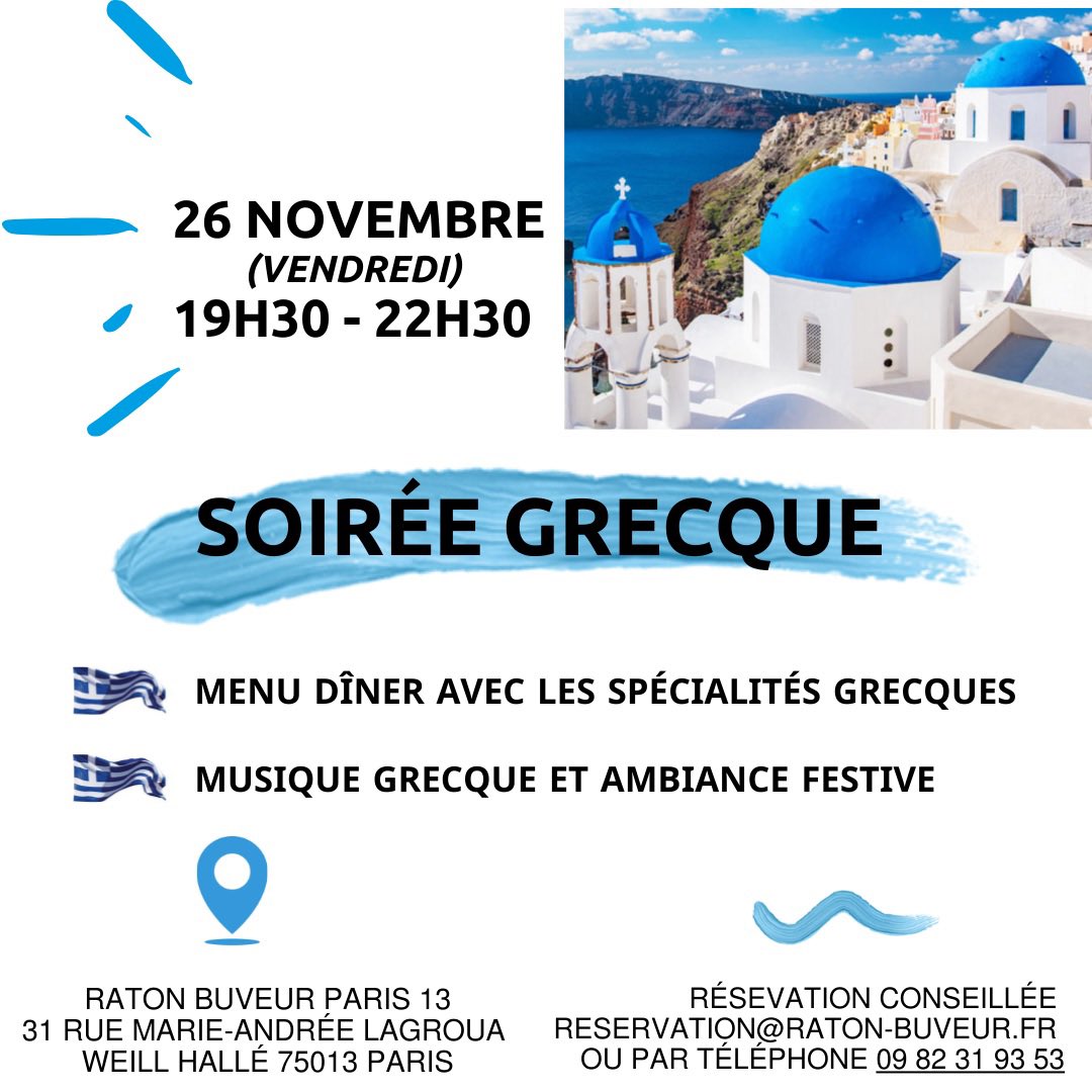 C’est demain soir chez <a href="/RatonBuveur/">Raton Buveur</a> 🇬🇷 Venez passer une belle soirée avec nous #grece #soiree #sortirparis #mangerparis #soireegrecque