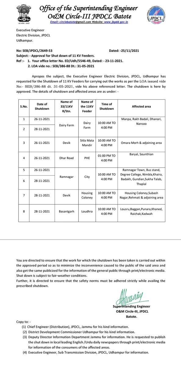 Power Shutdown Schedule <a href="/pddjkofficial/">Power Development Department, J&K</a> <a href="/kansalrohit69/">Rohit Kansal</a> <a href="/drtahirfirdous/">Dr. Tahir Firdous</a> <a href="/JPDCLofficial/">Jammu Power DISCOM</a> <a href="/ChiefJammu/">Chief Engineer Distribution, JPDCL Jammu</a> <a href="/udhadm/">DC Udhampur</a>