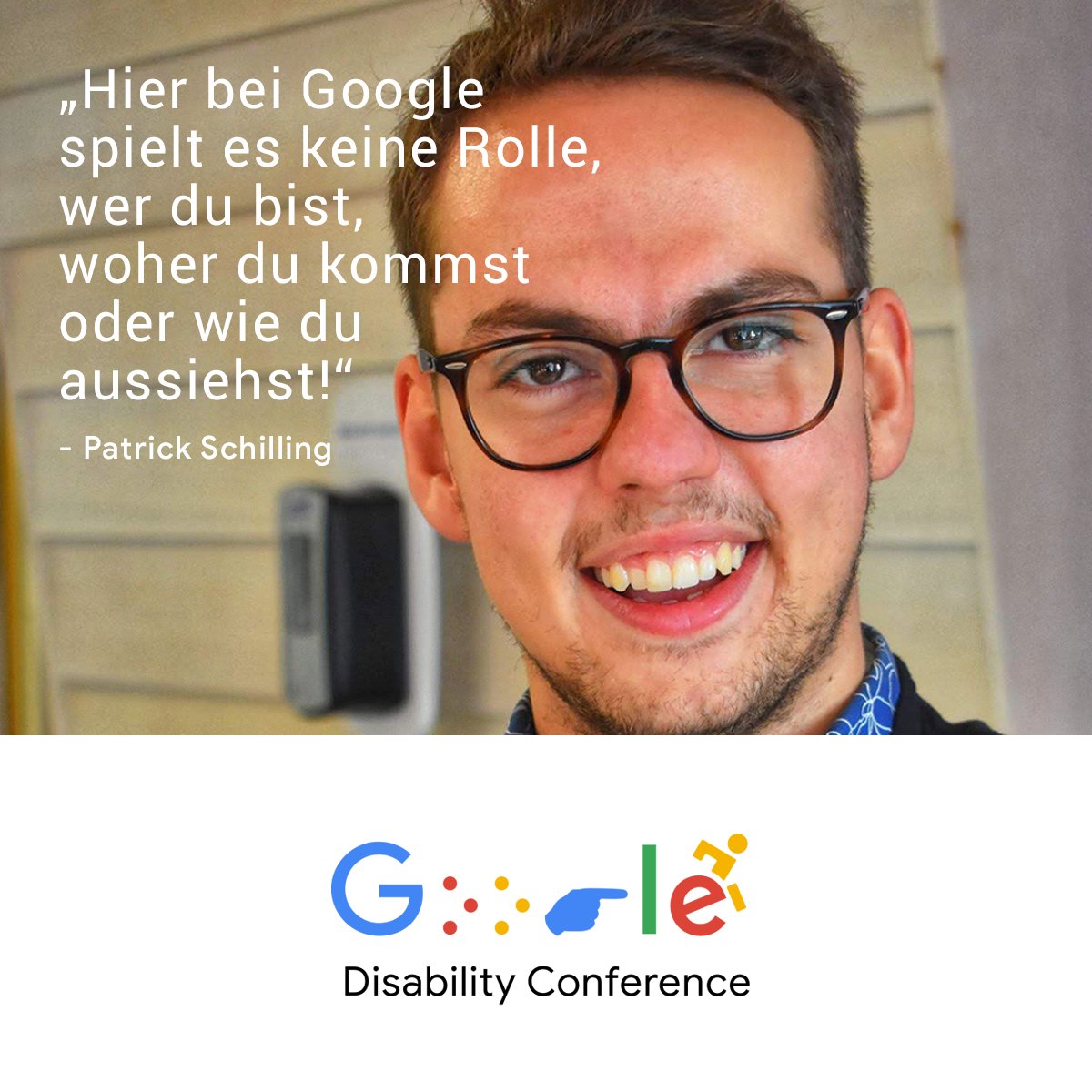 GoogleDE's tweet photo. Als Strategic Deal Manager bei #Google nutzt @PSchill_1994 seine Erfahrungen und engagiert sich für mehr Inklusion von Menschen mit Behinderungen. Trefft weitere Googler:innen wie Patrick am 1.12. &amp; 2.12. auf der #GoogleDisCo. Meldet euch an 👉 https://t.co/zpXWx0B6ac https://t.co/c6VHX6otDF