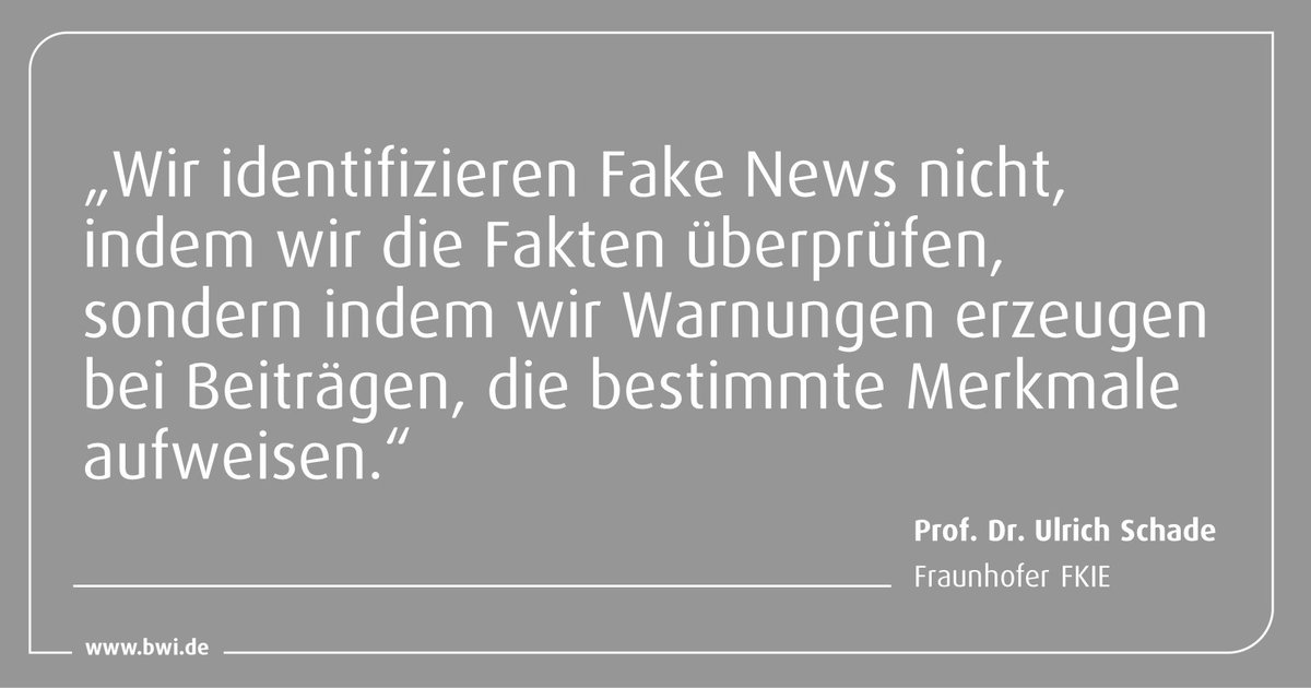 BWI_IT's tweet photo. 🗨 Wie können wir Fake News bekämpfen? Dieser Frage ging Prof. Dr. Ulrich Schade vom @Fraunhofer_FKIE heute in seinem Vortrag beim 3. BWI Data Analytics Hackathon nach. Für ihn dabei ganz klar im Fokus: Maschinelles Lernen.
#ITfürDE #DawnOfTheData #WeMakeDataMagic #innoX @CIHBw https://t.co/jAfSlMZdMc