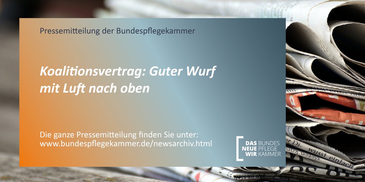 Der Koalitionsvertrag liegt seit gestern vor. Es sind schon viele Dinge aufgenommen, die die Pflege betreffen. Jedoch fehlen aus Sicht der <a href="/BundesPfleKa/">Bundespflegekammer</a> auch noch wichtige Aspekte. Lesen Sie hier die ganze Pressemitteilung:
➡️ bundespflegekammer.de/news/koalition…