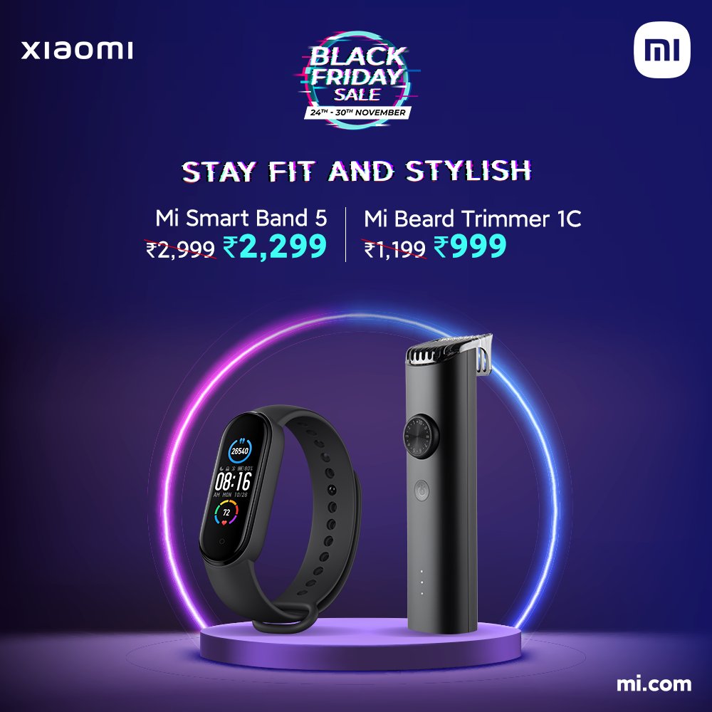 XiaomiIndia's tweet photo. Why wait to make (and break) New Year resolutions when you can work on the glow-up right away? 

 Get the #MiSmartBand5 and the #MiBeardTrimmer1C in the #BlackFridaySale at incredible prices, and let the transformation begin now! 

Head here: 
https://t.co/9bdR7lJEzS https://t.co/AqW6Z4allJ