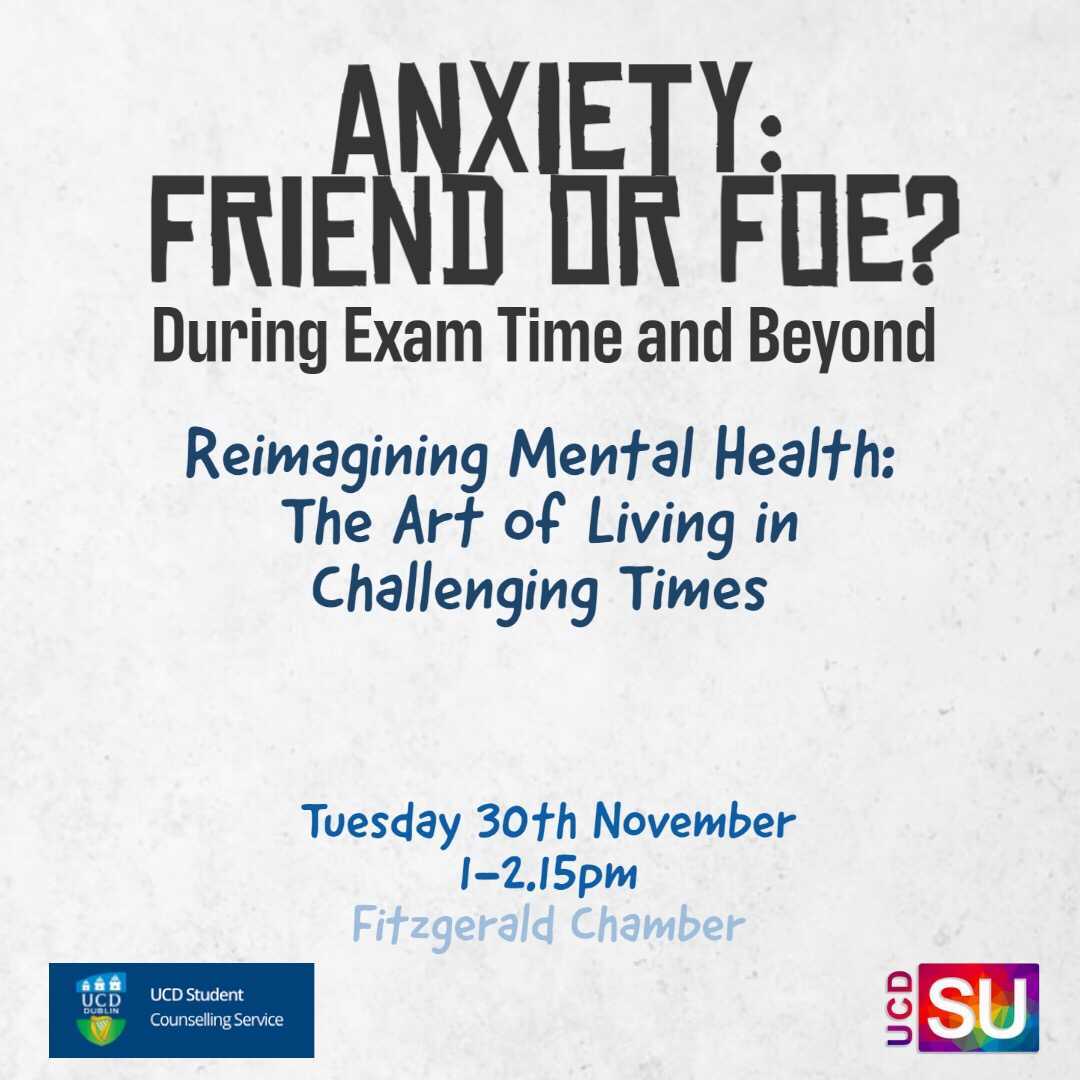 UCDSU's tweet photo. Join us for the next topic of discussion in our Reimagining Mental Health series next Tuesday!

It’s an incredibly stressful time of year, so join us to learn some tips on understanding and combatting anxiety in the exam period ☕ 💫 https://t.co/UQGMCHUr2Q