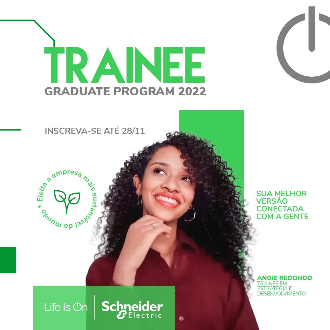 SchneiderElecBR's tweet photo. Chegamos à reta final das inscrições para o Programa Trainee Schneider Electric 2022. Para conhecer a estrutura completa e se inscrever, acesse o hotsite do programa até 28 de novembro: https://t.co/e9BcDQmoKL
#SEGreatPeople #SchneiderElectric #ProgramaDeTrainee #Trainee https://t.co/qT2HcRAhgw