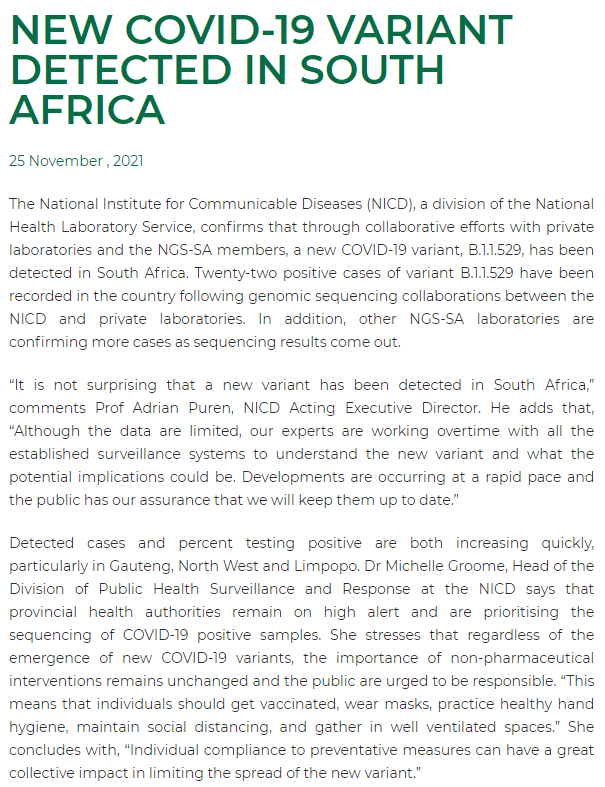 South Africa investigating new COVID-19 variant, B.1.1.529, with a "very unusual constellation" of mutations. It's requesting an urgent meeting of the WHO working group on virus evolution