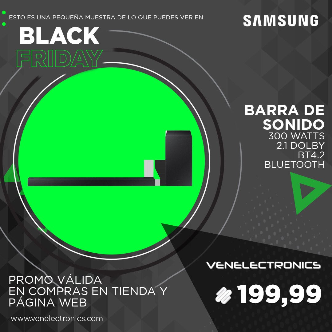 venelectronics1's tweet image. Auméntale la calidad de resonancia a tu hogar con Samsung y su barra de sonido 🔊 En #BlackFriday tenemos todo en oferta para ti y no te lo puedes perder. 😉

La barra de sonido Samsung maneja:

- Conexión de TV Bluetooth.
- Refuerzo de graves.
- Modo De Juego.
- 2,1 Canales.