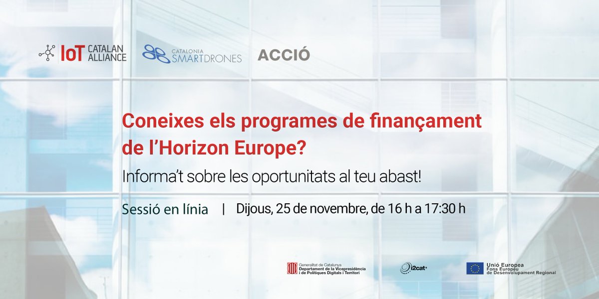 Comença la jornada sobre oportunitats de finançament de l'#HorizonEurope, coorganitzada amb <a href="/CataloniaDrones/">Catalonia Smart Drones</a>, la participació d'<a href="/accio_cat/">ACCIÓ</a> i <a href="/Worldsensing/">Worldsensing</a> i el suport de <a href="/tic/">TIC Catalunya</a> i <a href="/i2CAT/">i2CAT Research Centre</a>. #FonsUECat