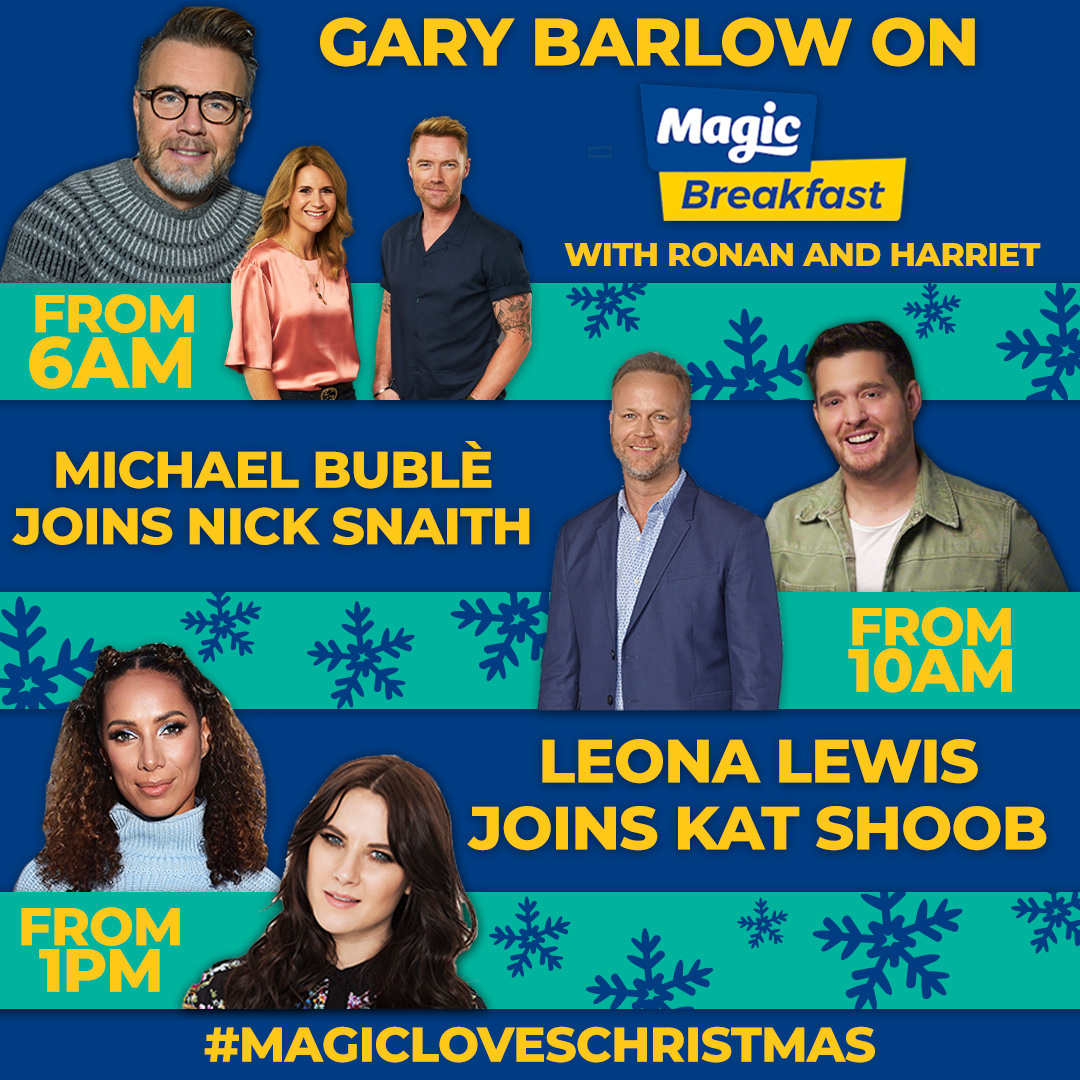 We've got QUITE the line up joining us on Magic tomorrow as we kick off 100% Christmas! Who's with us? ✨

<a href="/GaryBarlow/">Gary Barlow</a> <a href="/MichaelBuble/">Michael Bublé</a> <a href="/leonalewis/">Leona Lewis</a> <a href="/nicksnaith/">Nick Snaith</a> <a href="/katshoob/">Kat Shoob</a> <a href="/ronanofficial/">Ronan Keating</a> <a href="/harrietscott_/">Harriet Scott</a>  #MagicLovesChristmas