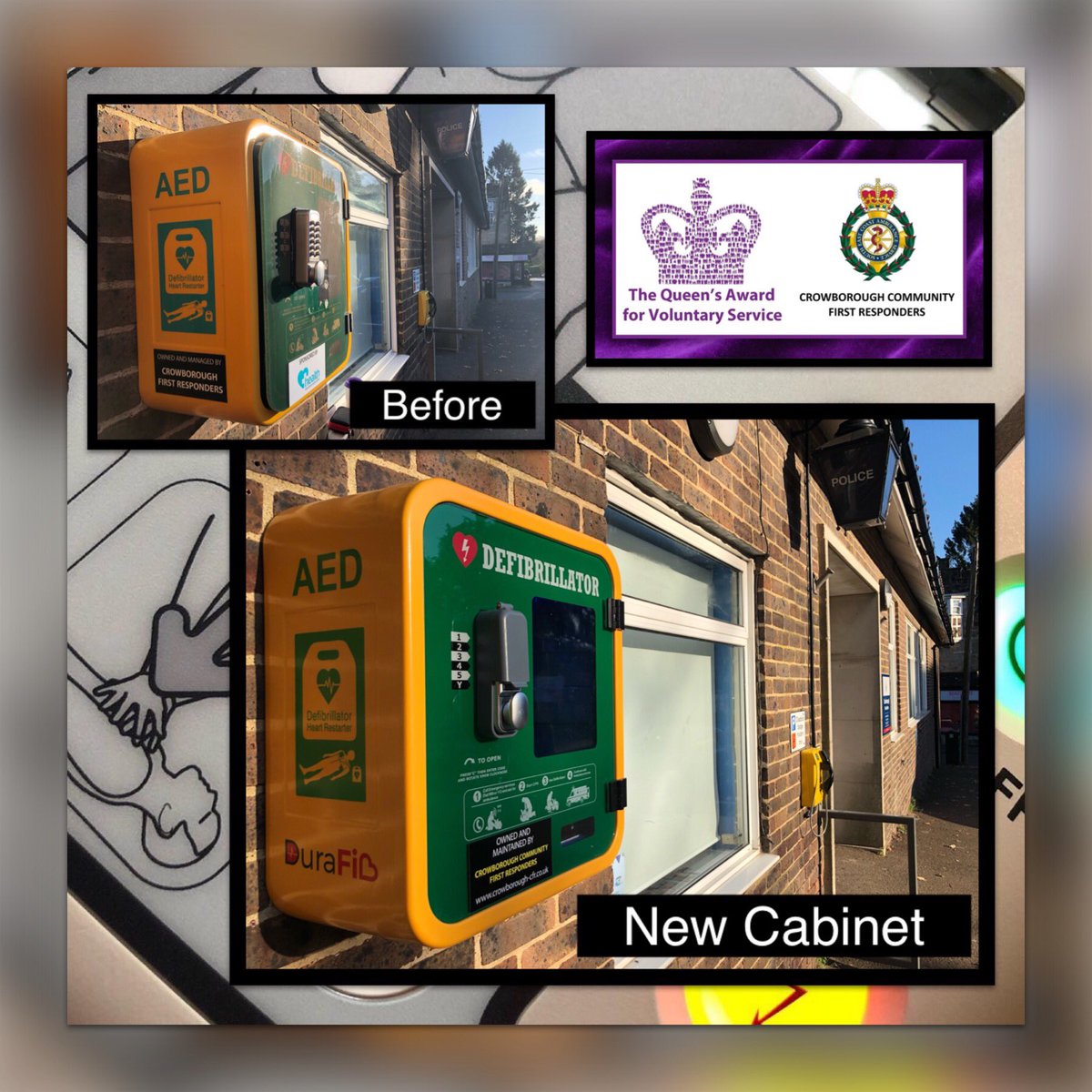 CrowboroughCFR's tweet photo. Our team has been out replacing a #defibrillator cabinet this morning, after an electrical failure on one of them. With temperatures dropping it was important to get done quickly to ensure the #defib remains heated. Thanks to @sussex_police #Crowborough who host this unit for us https://t.co/1ypF5vM33M