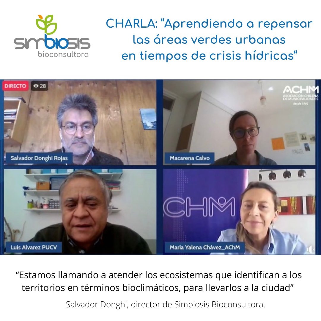 Simbiosis_bio's tweet photo. Hoy, @salvadonghi, biólogo y director de Simbiosis Bioconsultora, junto a expertos, participó en el Facebook Live “Aprendiendo a repensar las áreas verdes urbanas en tiempos de crisis hídrica”, organizado por la @AChMChile. Revísalo en este link: https://t.co/RUjWfrUG7m https://t.co/8s0JsFIgOa