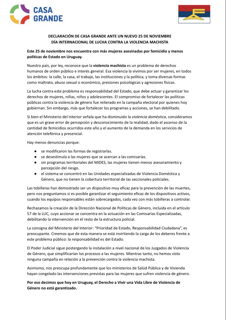 Declaración Casa Grande por el 25N, Día Internacional de la Eliminación de la Violencia contra la Mujer 💜✊🏻

#25n 
#diainternacionaldelaeliminaciondelaviolenciacontralamujer