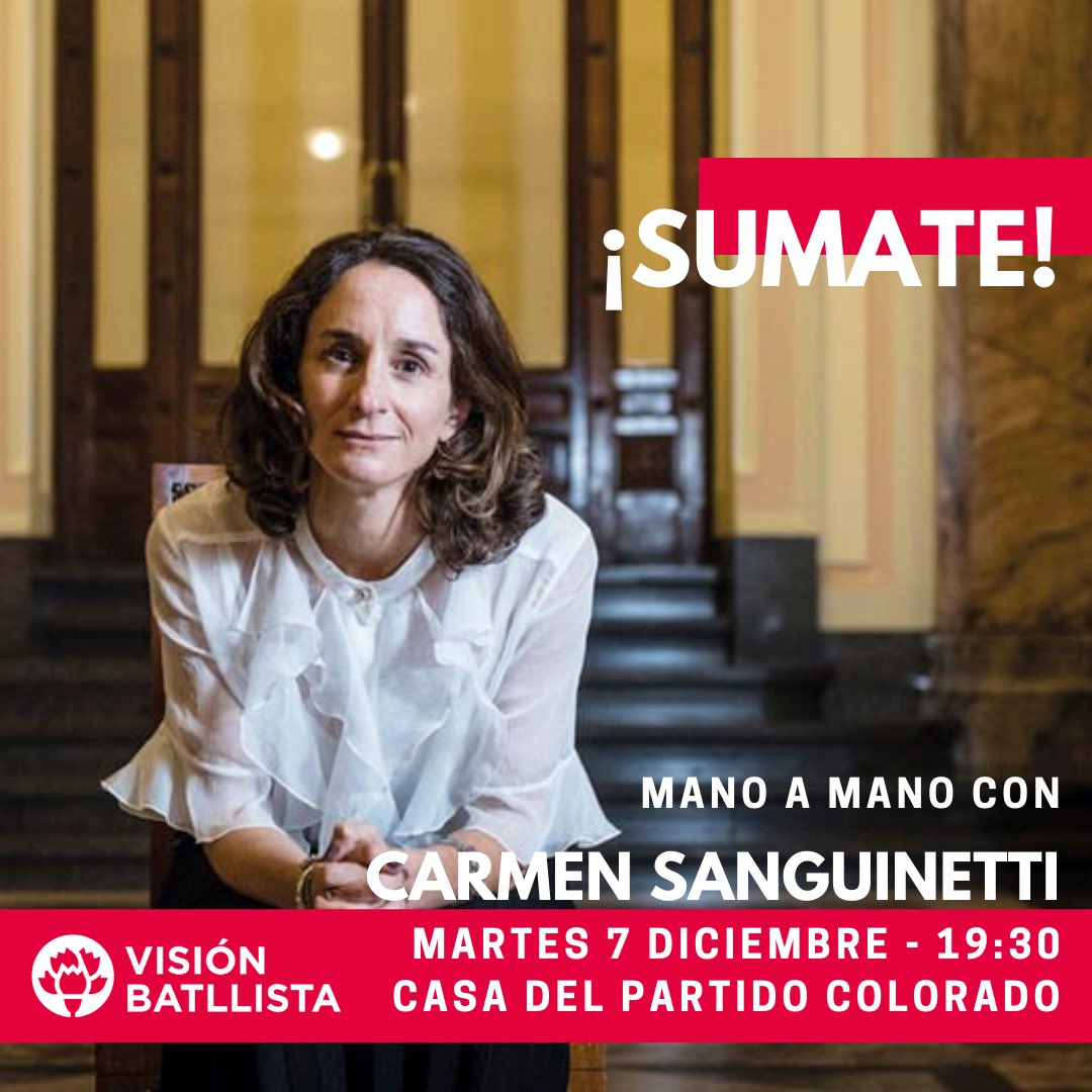 ViBatllista116's tweet photo. Los invitamos al evento de ViBa más esperado del año, un mano a mano con la Senadora @Carmensangui para hablar de sus últimos proyectos y su visión de la política Uruguaya. ¡Súmate! https://t.co/UJn6fvdVXh