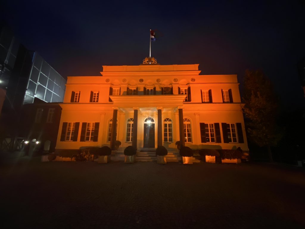 NLinIstanbul's tweet photo. The worldwide campaign ORANGE THE WORLD started today in Istanbul with an orange colored Palais de Hollande on the international day of the elimination of violence against women. #OrangeTheWorld #16days https://t.co/A12wyaFlY0