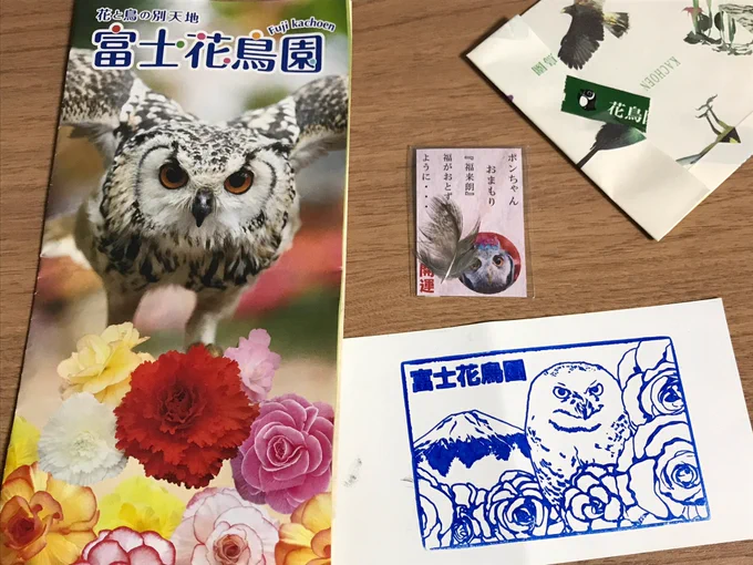 お土産。スタンプとお守り。
アフリカオオコノハズク、ポンちゃんの羽お守り。 