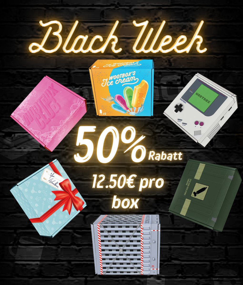 Wootbox_de's tweet photo. Entdeckt alle unsere vorhergegangenen Themenboxen mit 50% Rabatt während der „Black Week“! 

Alle für nur 12,50€! 🤩

Kommt und vervollständigt eure Wootbox-Sammlungen, bevor sie nicht mehr erhältlich sind 👉https://t.co/jxQLm7VJP2 #BlackFriday https://t.co/EJGgBgttR2