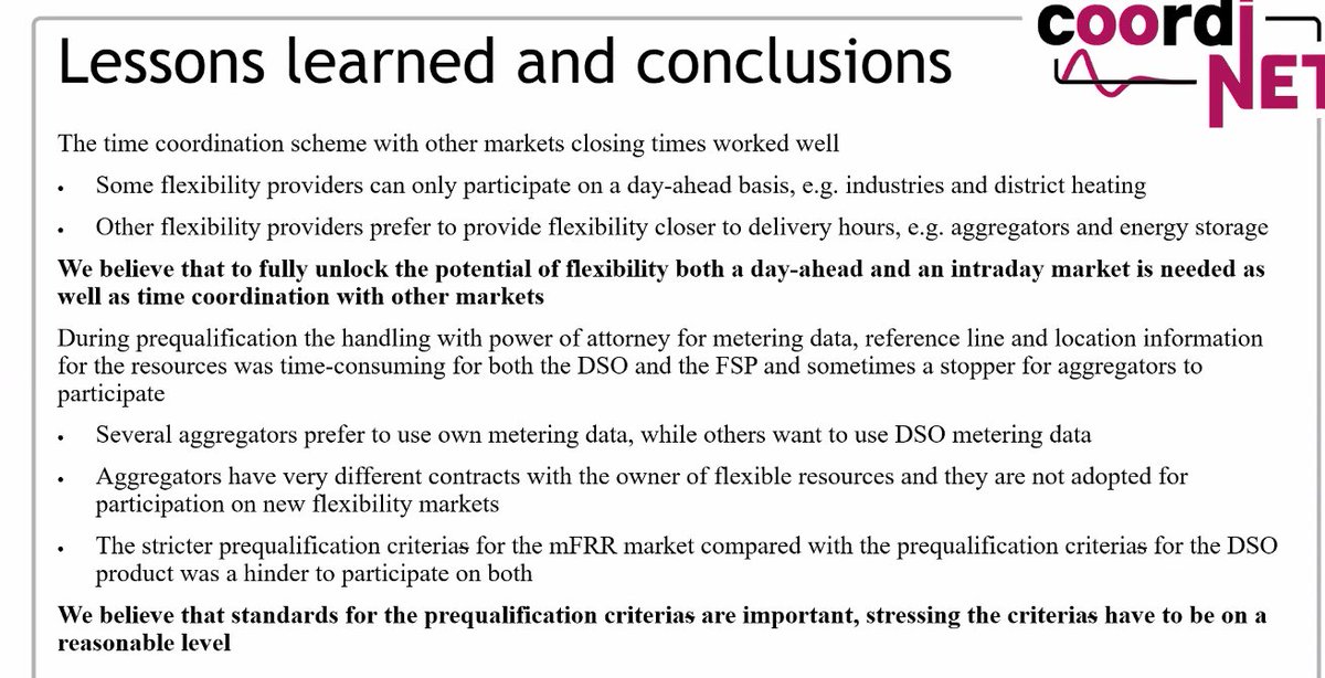 <a href="/YvonneRuwaida/">Yvonne Ruwaida 💚</a> from <a href="/Vattenfall_Se/">Vattenfall Sverige</a> presents the lessons learned from the Swedish <a href="/CoordinetS/">CoordiNet_TheSwedishdemo</a>:
➡️Volume and remuneration needed on spot-market
➡️Real time data crucial!
➡️Time coordination is needed with other markets to unlock full potential of flexibility

#CoordiNetSHF