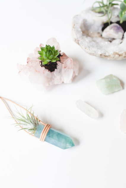 These tiny succulents and air plants pair nicely with colorful crystals! Find out how to get this look for your apartment: goo.gl/WSbc28