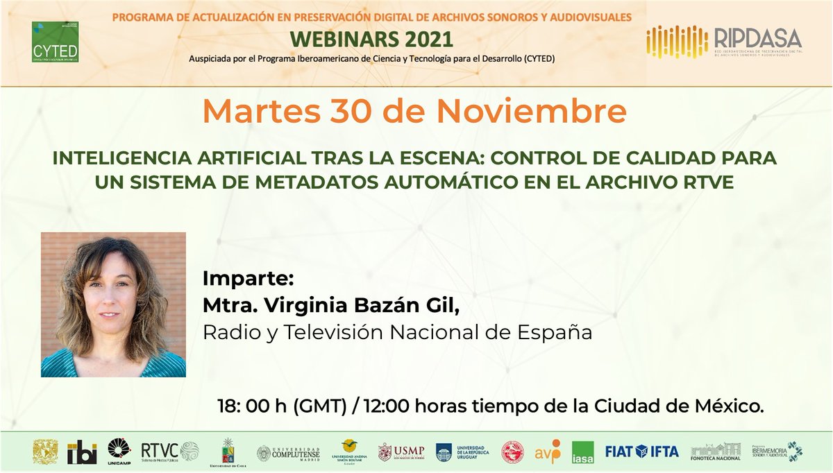 No te pierda el webinar que impartirá la Mtra.@VirginiaBazang "INTELIGENCIA ARTIFICIAL TRAS LA ESCENA: CONTROL DE CALIDAD PARA UN SISTEMA DE METADATOS AUTOMÁTICO EN EL ARCHIVO RTVE"
Inscribete: lp.weareavp.com/es/webinariori…
<a href="/Programa_CYTED/">Programa CYTED</a> #RIPDSA