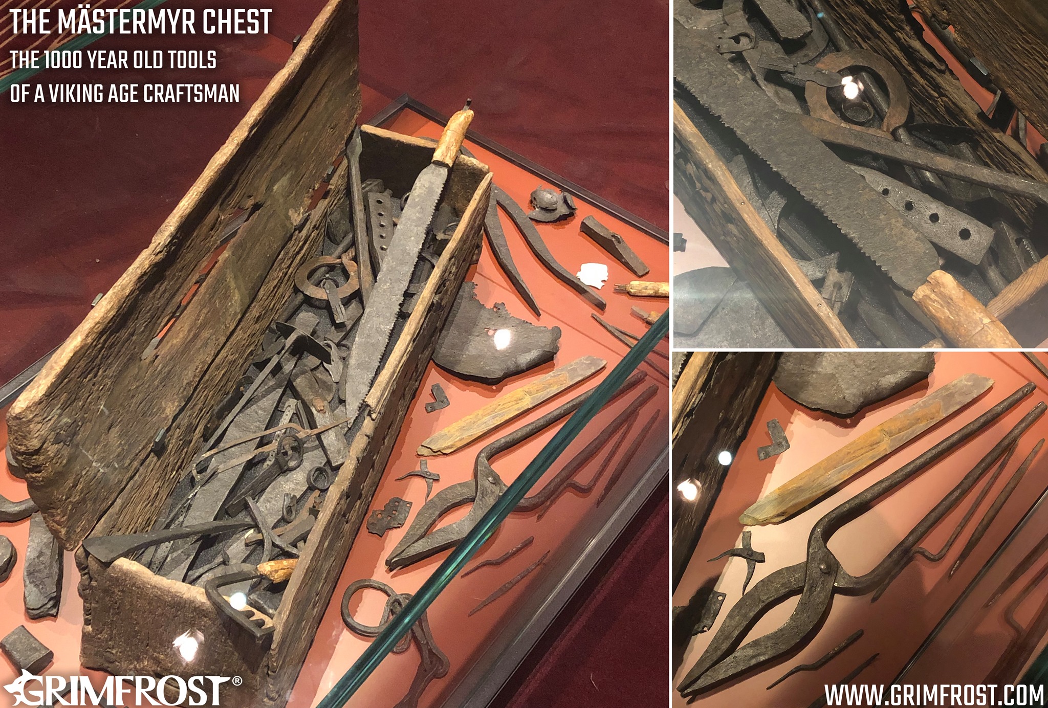 Collage of three photos. An oblong chest with tools inside and close-ups of the tools, including a pair of scissors, weighing scales, a saw, axes, an anvil, pots, forging hammers, pliers and chains.