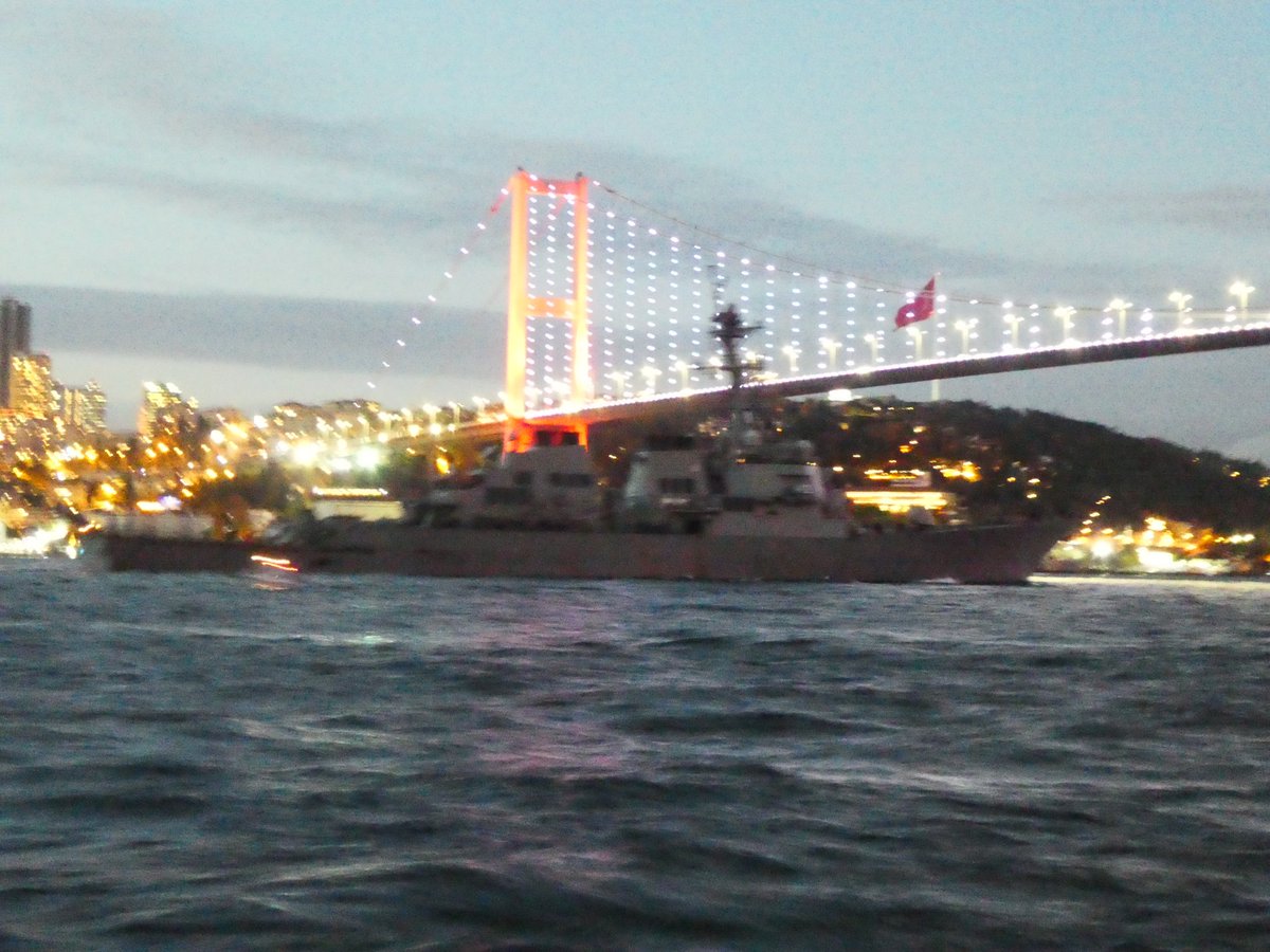 The first if her class DDG51 USS Arleigh Burke passed northbound  through Istanbul after sunset on a cold cloudy evening. This is her first Black Sea deployment  on 2021.